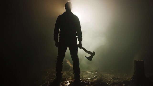 Sinister lumberjack silhouette holding axe emerges from fog in dark forest with tree stump creating ominous crime scene atmosphere