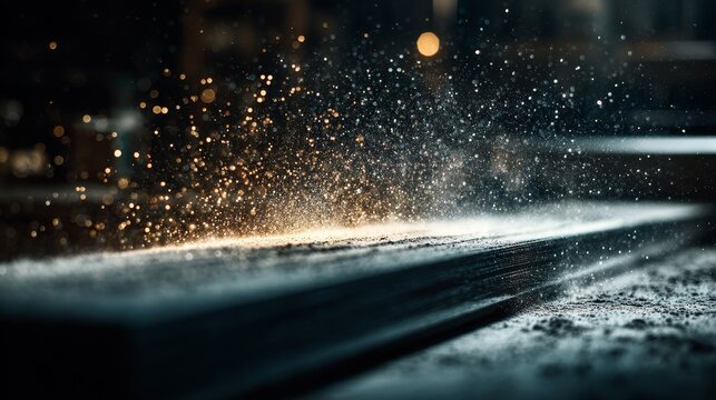 Craftsman operating sanding machinery on dark wood in modern woodworking studio, golden sawdust illuminated in cinematic light with high-contrast shadows in minimalist black-and-steel workshop