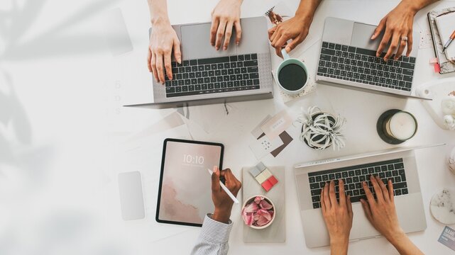 Businesswomen working together aerial view remix