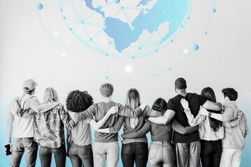 Naklejka premium Rearview of diverse people hugging each other