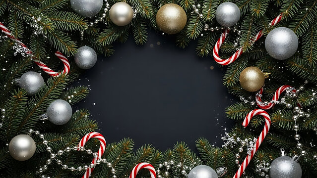 Festive Christmas Wreath with Ornaments and Candy Canes on a Dark Background - Ideal for Holiday Greetings and Decorations