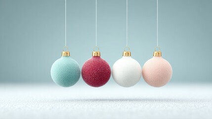 A group of four Christmas ornaments hanging from a string