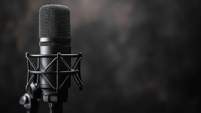 A sleek, black studio microphone with a pop filter, against a blurred, textured backdrop