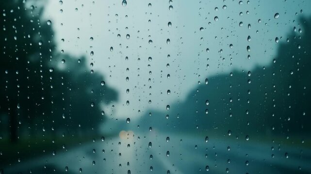 Delicate raindrops cling to a glass window, creating a mesmerizing pattern of crystal-clear beads against a soft, blurred teal background. The atmospheric scene evokes a calm, rainy day with gentle mo