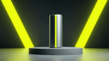 Minimalist Energy Drink Display With Neon Background and Grey Podium for Vibrant Advertising Campaign