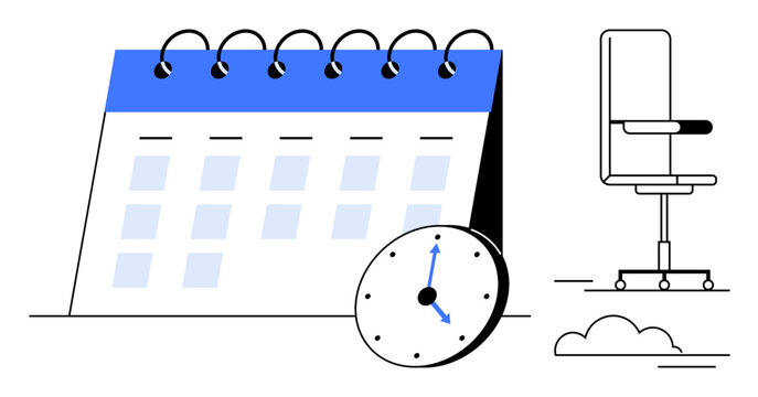 Open calendar and clock emphasizing time management, accompanied by an office chair and cloud element. Ideal for productivity, workplace planning, scheduling, organization, time efficiency, office