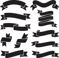 A collection of seven different black silhouette ribbon banners and ancient scrolls on a white background