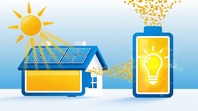 Illustration of a house with solar panels on the roof, capturing sunlight to power a battery storage system.