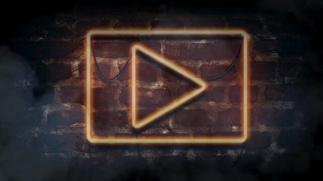 Neon play button icon glows brightly on a dark urban brick wall background with mystical smoke and strong grunge style.