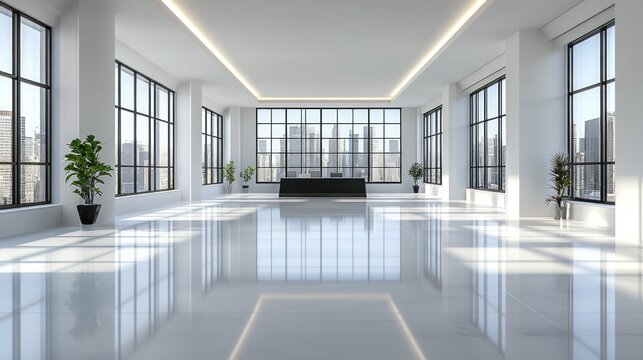 Modern empty office, city view, sunlight, floor reflection, real estate