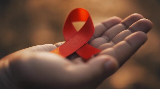 A hand gently holds a red ribbon, a symbol of awareness and support for HIV/AIDS.