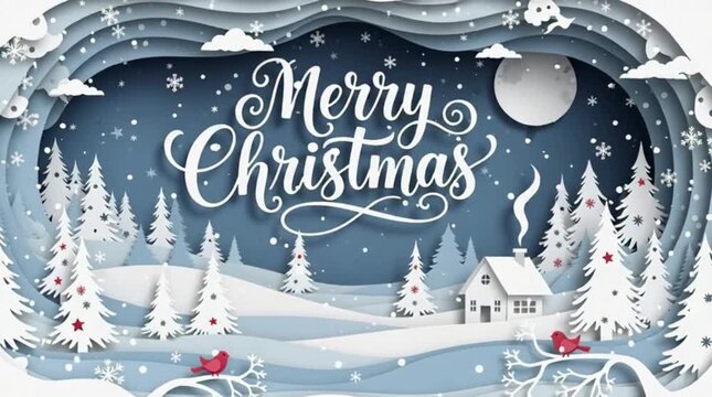Winter christmas composition in paper cut style.Merry Christmas text Calligraphic Lettering Vector illustration.