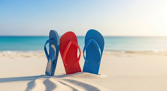Flip flops on a sandy beach evoke summer vacation travel and relaxation representing a tropical getaway to the seaside coast or shore for tourism leisure and holiday enjoyment under the sunny sky wit