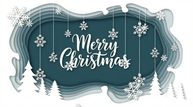 Winter christmas composition in paper cut style.Merry Christmas text Calligraphic Lettering Vector illustration.