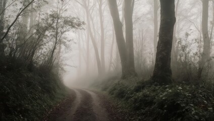 Naklejka premium Misty Forest Path on a Foggy Morning with Sunlight Filtering Through Trees.