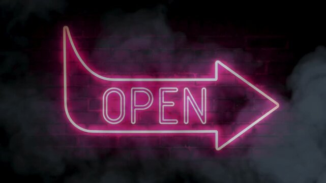 Bright neon open sign glows vibrantly with a bright accent direction on a dark brick wall in smoky fog.