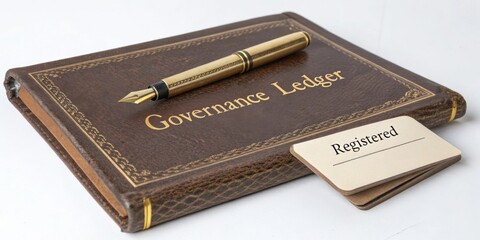 Elegant governance ledger with golden pen and registration note on white background, ideal for administrative or legal imagery