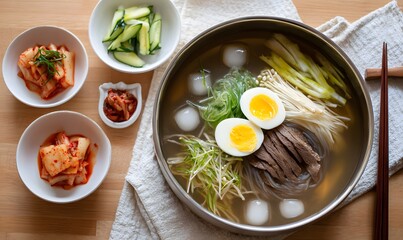Korean Mul Naengmyeon bowl. The dish contains icy cold noodles submerged in clear, chilled Mul naengmyeon broth with floating ice cubes