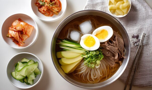 Korean Mul Naengmyeon bowl. The dish contains icy cold noodles submerged in clear, chilled Mul naengmyeon broth with floating ice cubes