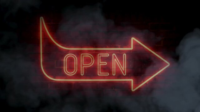 Bright neon open sign glows vibrantly with a bright accent direction on a dark brick wall in smoky fog.