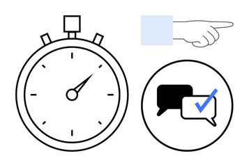 Stopwatch, upward-pointing hand, chat bubbles, and check mark. Ideal for time management, deadlines, decisions, communication focus productivity teamwork. A simple flat metaphor