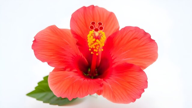 Vibrant red hibiscus flower with yellow center isolated on white background