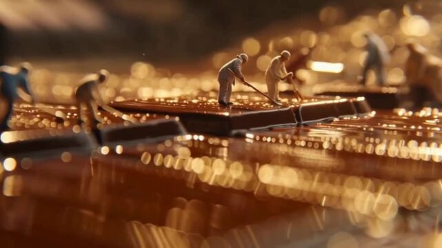 Miniature figures of workers mining on a glowing, golden circuit board landscape.