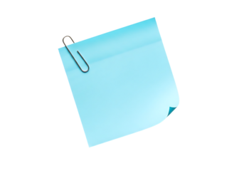 Light blue sticky note with silver paperclip on black image