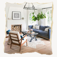 Fototapeta premium Cozy living room, ripped paper, interior image