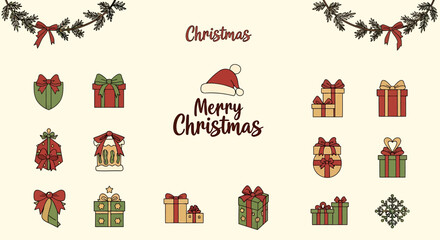 Delightful Christmas icons to spread holiday cheer, featuring vibrant gifts, trees, snowflakes, and ornaments for your festive designs and merry projects