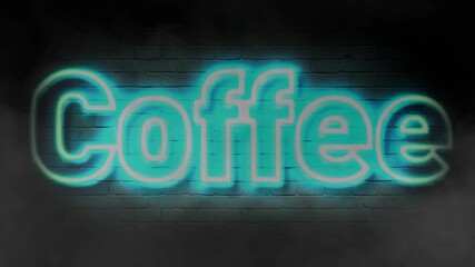 Bright neon Coffee sign glows vibrantly on a dark brick wall in smoky fog. - Powered by Adobe