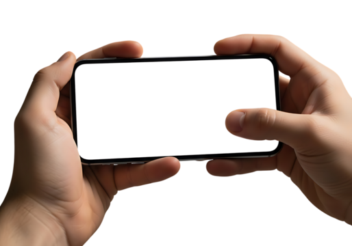 Two hands holding a smartphone horizontally with a blank white screen mobile