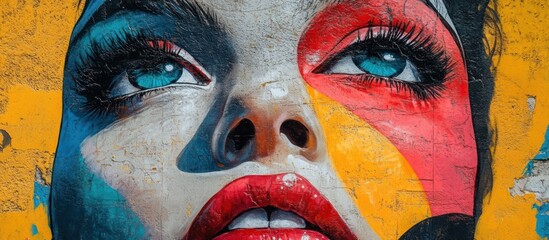 Colorful close up of a woman's face, with a blue eye and red lips, painted on a wall.