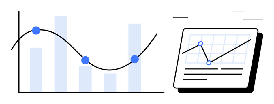 Line graph with blue data points alongside a tablet screen displaying a trend chart with gridlines. Ideal for analytics, reporting, business growth, market research, data tracking, performance
