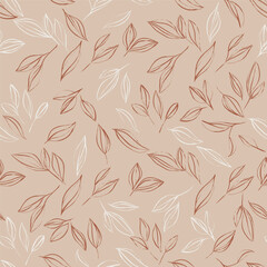 Botanical seamless pattern featuring scattered, hand-drawn outline illustrations of leaves and small branches in in white and a rusty brown tones on a muted dusty rose background