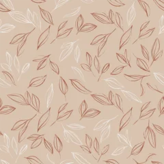 Gordijnen Bladeren Botanical seamless pattern featuring scattered, hand-drawn outline illustrations of leaves and small branches in in white and a rusty brown tones on a muted dusty rose background  © momosama