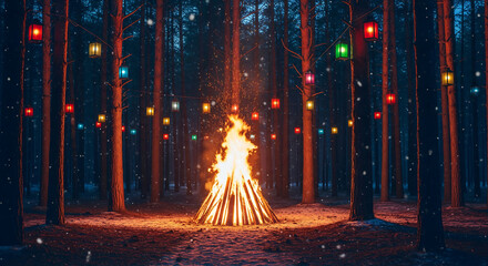 Enchanting winter night celebration with a large bonfire and colorful lights in a pine forest
