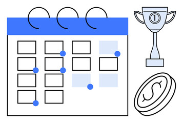 Event planning concept. Visual includes a calendar, trophy, and dollar symbol emphasizing event planning, goal achievement, and time management. Ideal for business, productivity, scheduling