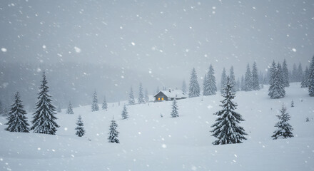 Cozy wooden cabin on a snow-covered mountain slope with falling snow and glowing windows for a winter escape concept and tranquil retreat