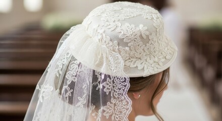 Bride wears a white lace wedding hat with a delicate veil perfect for a vintage themed ceremony or formal celebration showcasing elegant bridal fashion and romantic style for a special occasion this