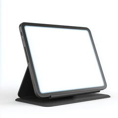 Sleek tablet with blank illuminated screen propped on folio stand in studio lighting, minimalist tech scene conveying modern design and calm productivity