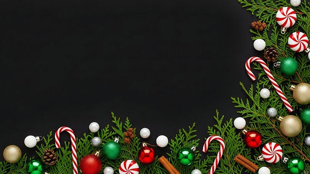 Festive Christmas border with candy canes, colorful baubles, and thuja branches on a black background with copy space