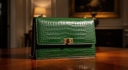 Green crocodile skin handbag sits on a polished wooden table showcasing luxury fashion style and design this elegant accessory is perfect for retail merchandise product displays or glamourous fashion