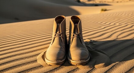Boots stand on rippled sand dunes suggesting adventure travel and outdoor exploration in a desert landscape perfect for fashion apparel or footwear advertising campaigns showcasing style and durabili