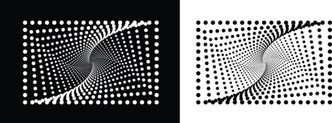 Modern abstract background. Halftone dots in rectangle form. Design element or icon, logo. Black shape on a white background and the same white shape on the black side. Vector isolated .