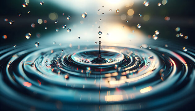 Close-up of a single water drop hitting a clear liquid surface, creating concentric ripples and vibrant bokeh for purity concept and fluid dynamics