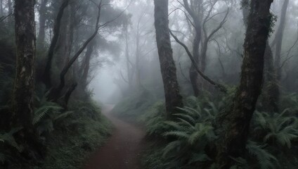 Obraz premium Mysterious Forest Path - A Foggy Journey Through Natures Embrace.