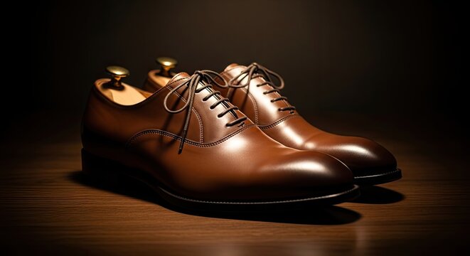Brown leather dress shoes are displayed on a wooden surface showcasing classic style and elegant design suitable for formal occasions or professional attire the shoes highlight craftsmanship and atte
