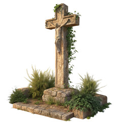 Serene stone cross draped in ivy, evoking faith, remembrance, and solemn beauty for spiritual designs and historical themes, a timeless symbol of hope