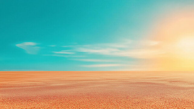 Sunlit desert plain with wide horizon, soft turquoise sky and distant warm glow conveying calm solitude and minimal landscape serenity